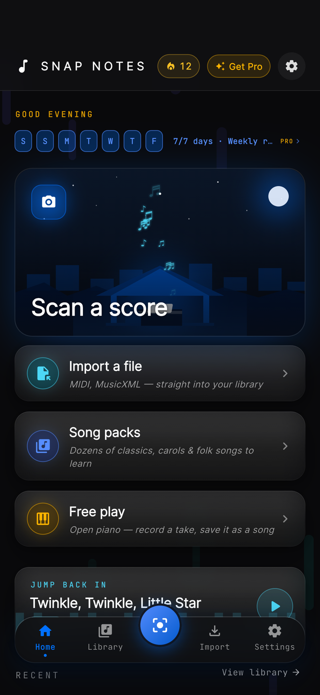 SnapNotes home with a 12-day practice streak