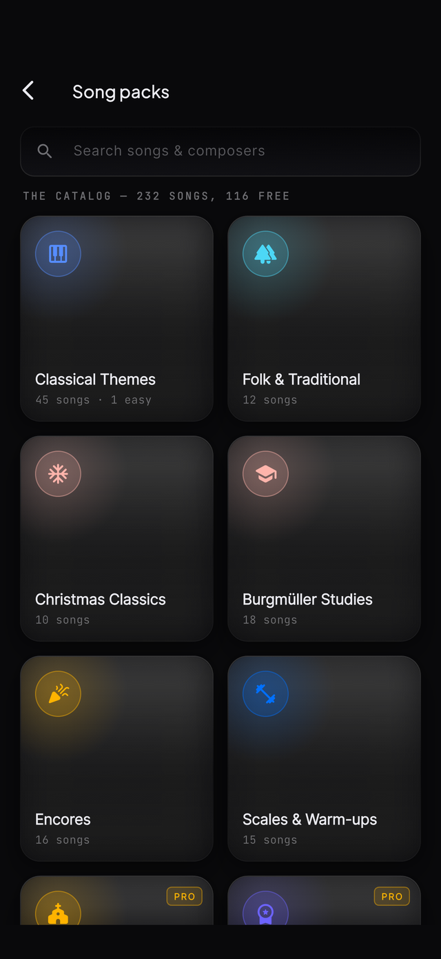 The song catalog — 232 songs, 116 free